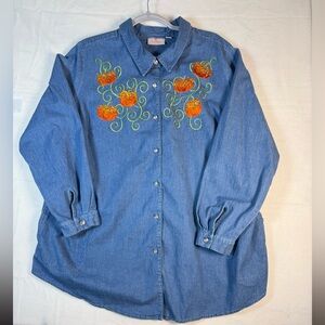 Quacker Factory Women's Button Up Jean Shirt with Embroidered Pumpkins Sz 2X